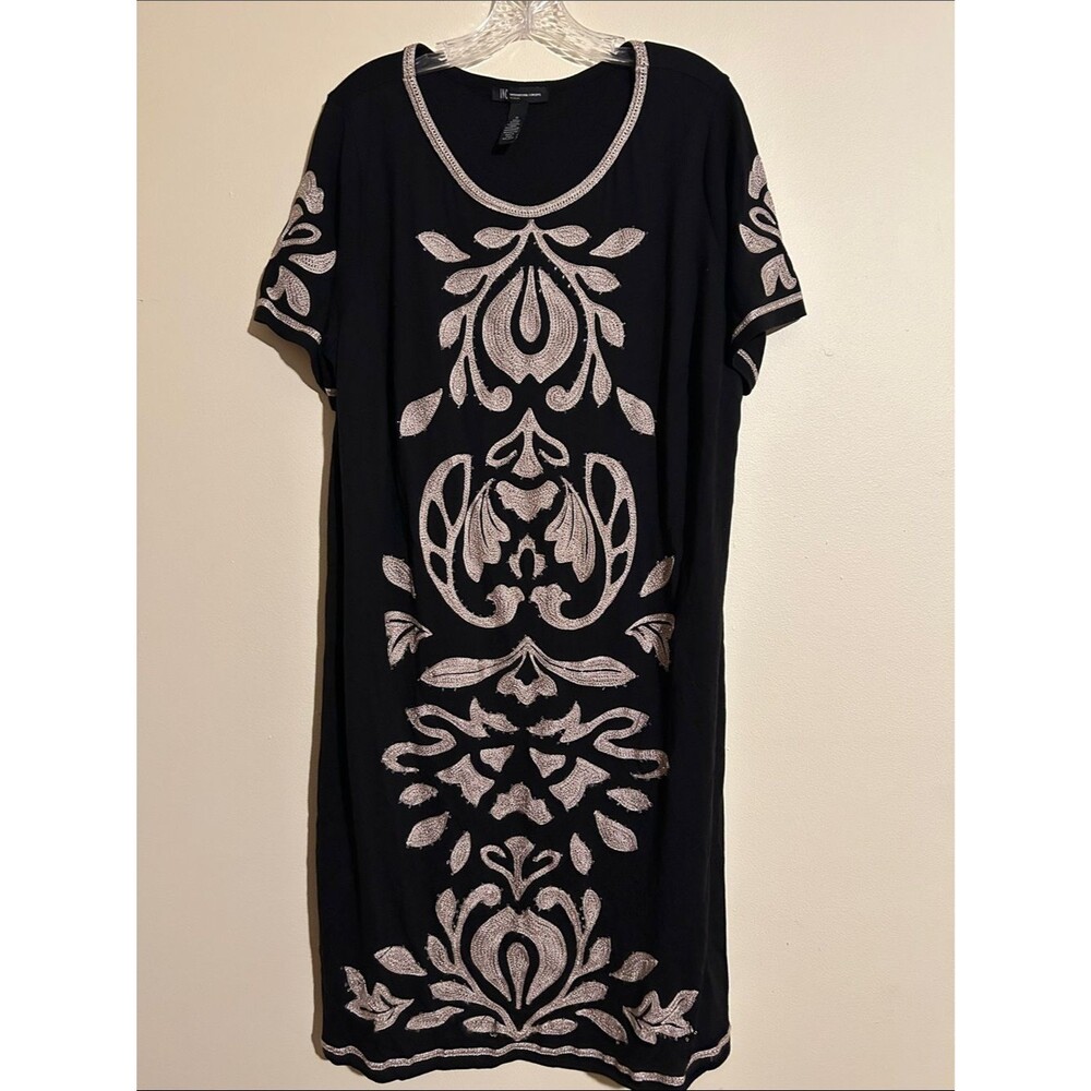 INC International Concepts Black Mini Dress with Silver Embroidered Pattern